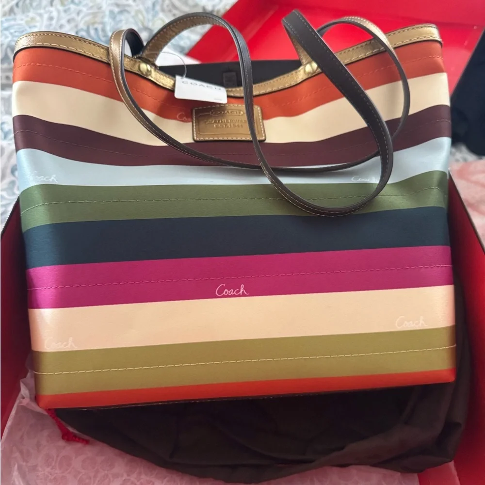 Coach Orange and Brown Tote Bag with Bold Stripes - Picture 4 of 4